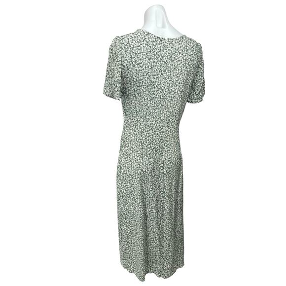 4SI3NNA Green Floral Puff Sleeve Ruched Button Slit A-Line Wrap Midi Dress Sz L - Picture 2 of 5